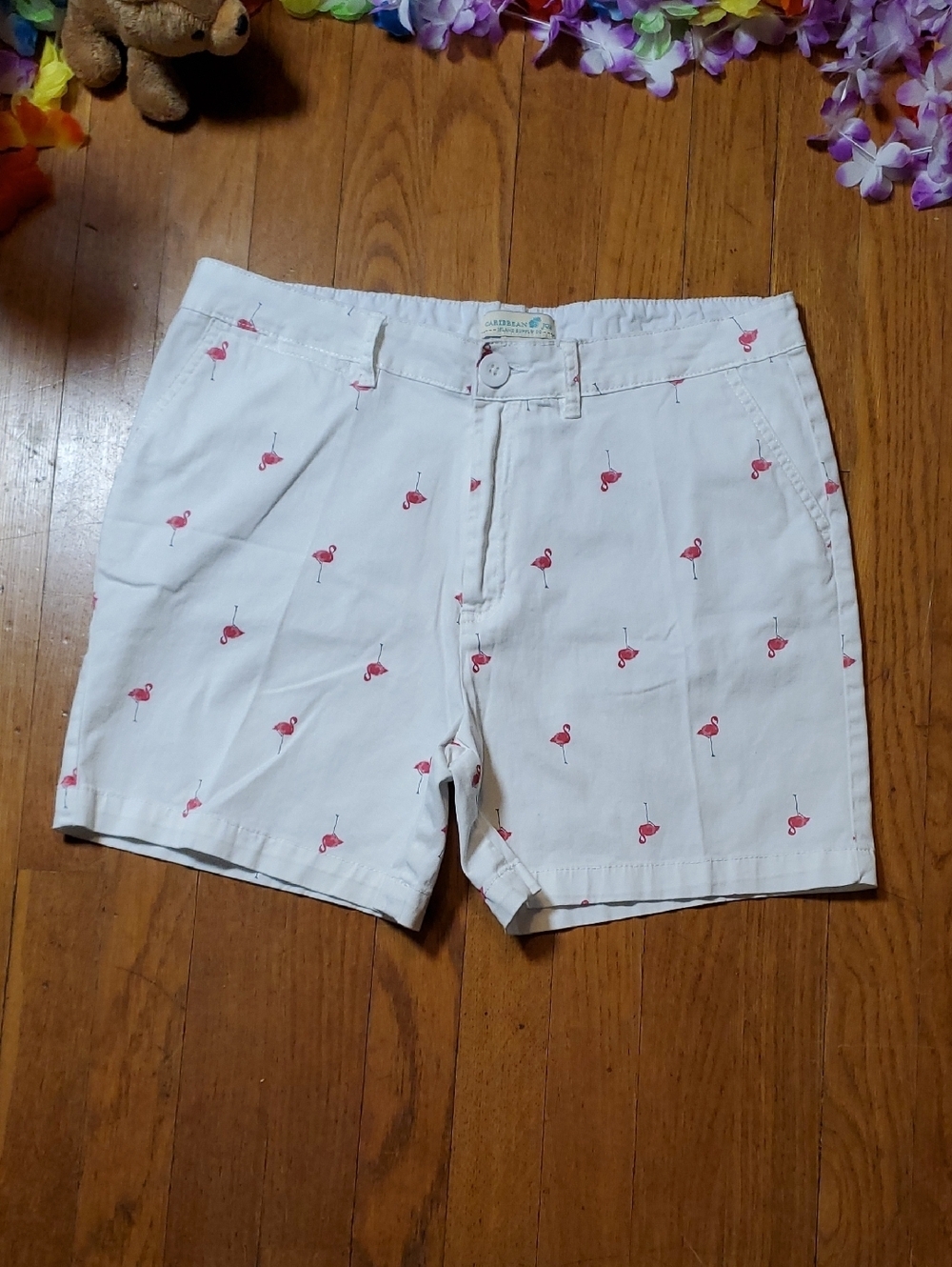Caribbean Joe White Shorts with Pink Flamingo Print
